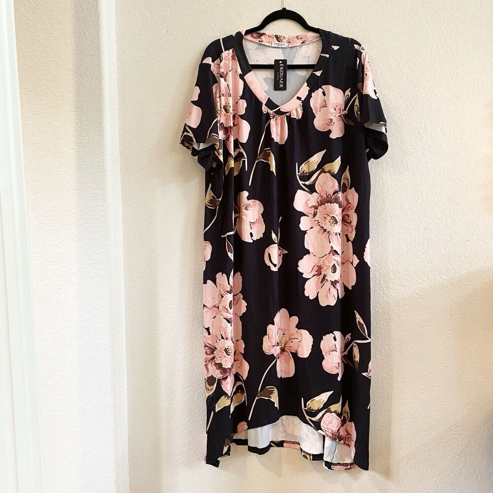 Ekouaer New Women's Midi Floral‎ Pullover Shirt Dress Peach Pink Black Plus XXXL